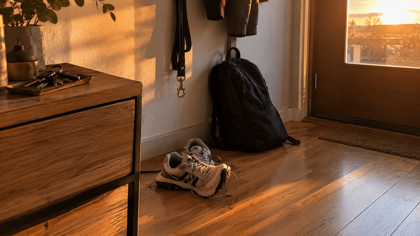Recibidor de casa al atardecer: zapatillas, mochila y correa del perro